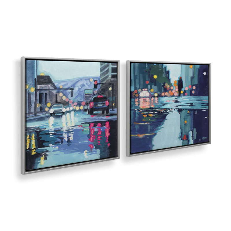 City Reflections, ensemble de 2 impressions sur toile, H 13 po x l 26 po, Framed Print without Mat, Chrome poli