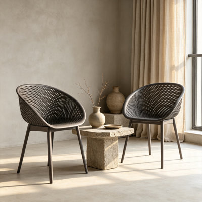 Ensemble de 2 chaises de jardin modernes en polypropylène (PP), chaises longues ergonomiques et légères en maille, résistantes aux intempéries, pour terrasse, balcon ou salon, gris chaud.