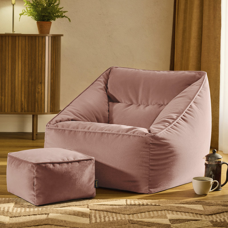 icon Natalia Velvet Adults Bean Bag Armchair and Pouffe, Ready Filled Large Beanbag and Footstool Forest Green, Dusk Pink