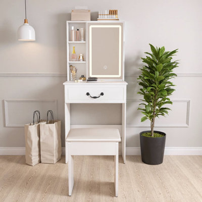 23.6" Modern Mini Dressing Table with LED Mirror & Hidden Storage | Vanity Desk with Adjustable Brightness, 3‑Color Lighting, Padded Stool & Multi‑Tier Dust‑Proof Shelves | White