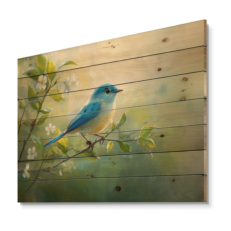 Bluebird In The Early Spring - Bird Wood Wall Decor - On Natural Pine Wood, 24" H x 32" W x 0.78" D