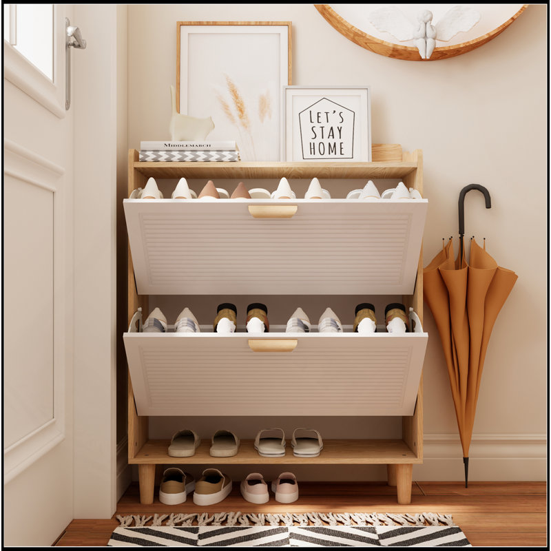 31.5 Inch Nordic Style Shoe Storage Cabinet With 2 Flip Drawers, Freestanding Organizer With Solid Wood Legs For Entryway, Narrow Shoe Rack Cabinet (White And Solid Wood Color Matched)