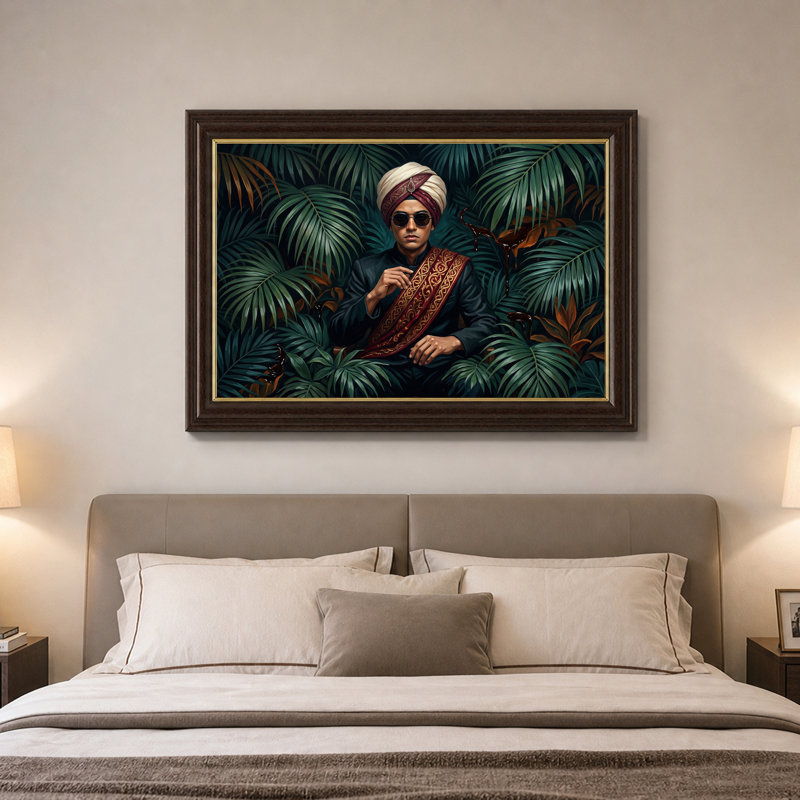 " Man In Turban And Sunglasses In Tropical Palm Leaves " Painting Print, 12"H x 18"W