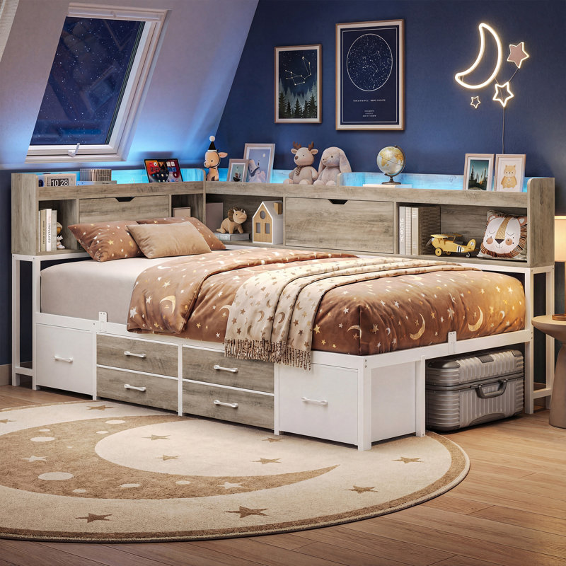 Corner Daybed Frame with 6 Drawers and Storage Bookcase Daybed with Charging Station and LED Lights, Gray, Twin