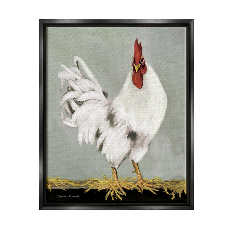 Art sur toile flottant blanc avec coq de ferme par Stephanie Workman Marrott, Cadre flottant noir de jais
