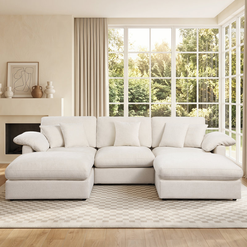 Canapé d'angle surdimensionné avec deux chaises, Beige Fabric