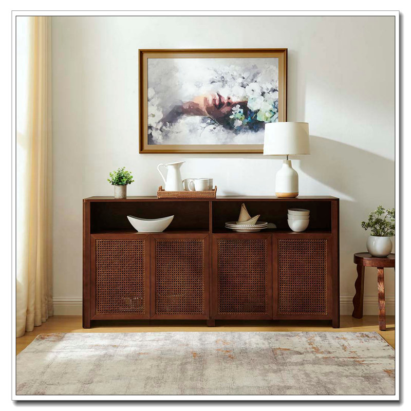 Armoire 4 portes en rotin avec rangement, crédence de bar à vin rétro pour le salon / le vestibule / la cuisine, Noyer