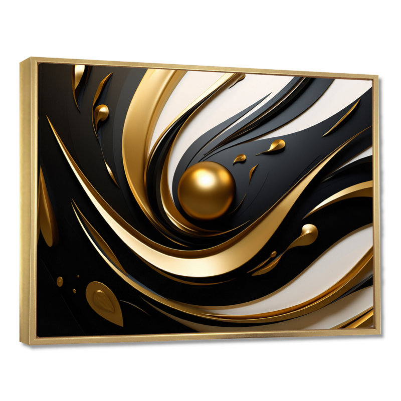 «Gold Core», art mural blanc, noir et abstrait, Toile avec cadre flottant or, H 34 po x l 44 po x P 1,5 po