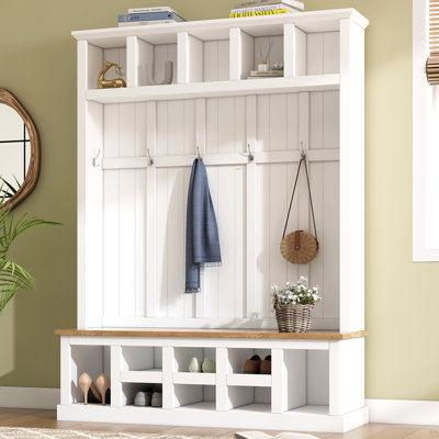 Farmhouse Wooden Style Hall Tree with Wide Storage Seating Bench, Entryway Shoe Cabinet with 13 Compartments, Elegant Coat Rack with 6 Hooks