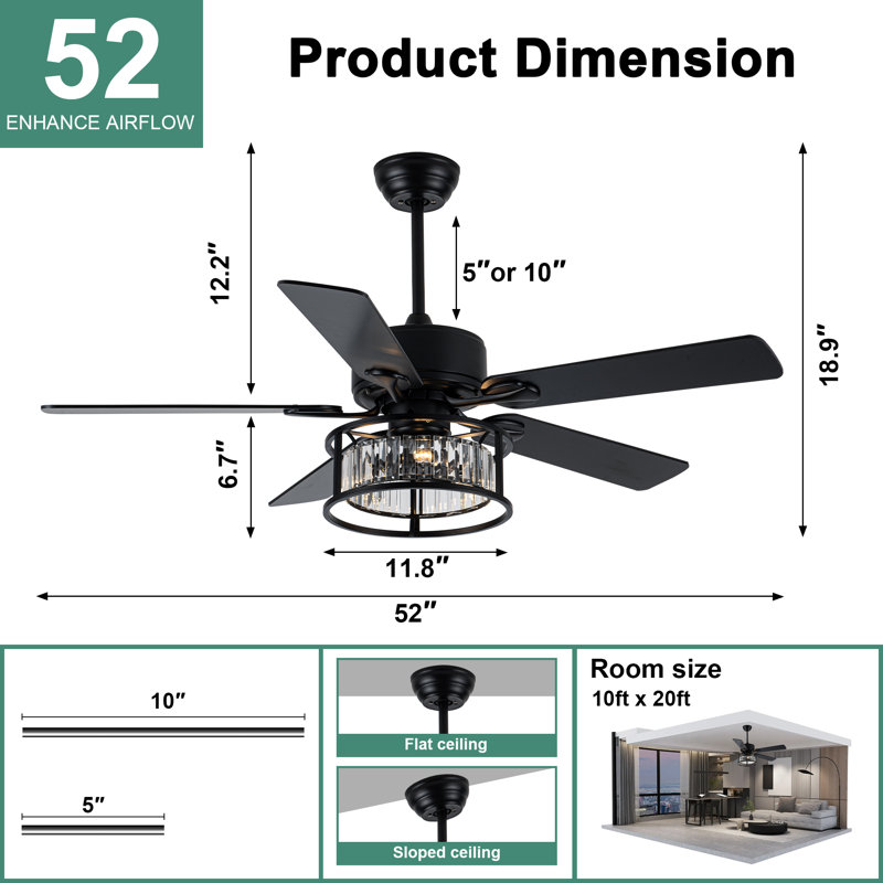 52in. Modern Crystal Ceiling Fan with Remote, Black 6-speed DC Motor Reversible Caged Ceiling Fan for Bedroom