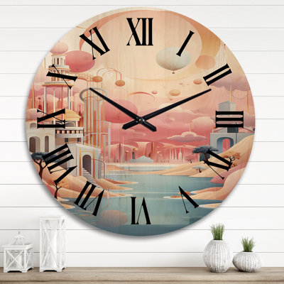 Boho Dreams River Landscape Vintage Blue Pink - Abstract Landscapes Oversized Wood Wall Clock