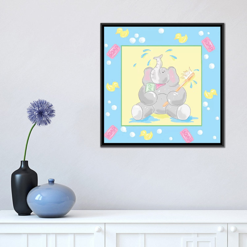 Art sur toile pour salle de bain ii "baby éléphant, H 18 po x l 18 po x P 1,5 po, Toile avec cadre noir, Pas de tapis