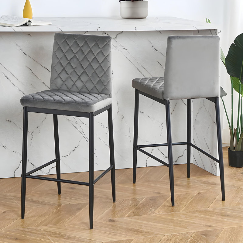 2pcs Velvet Upholstered Counter Bar Stools Dining Chairs, Gray