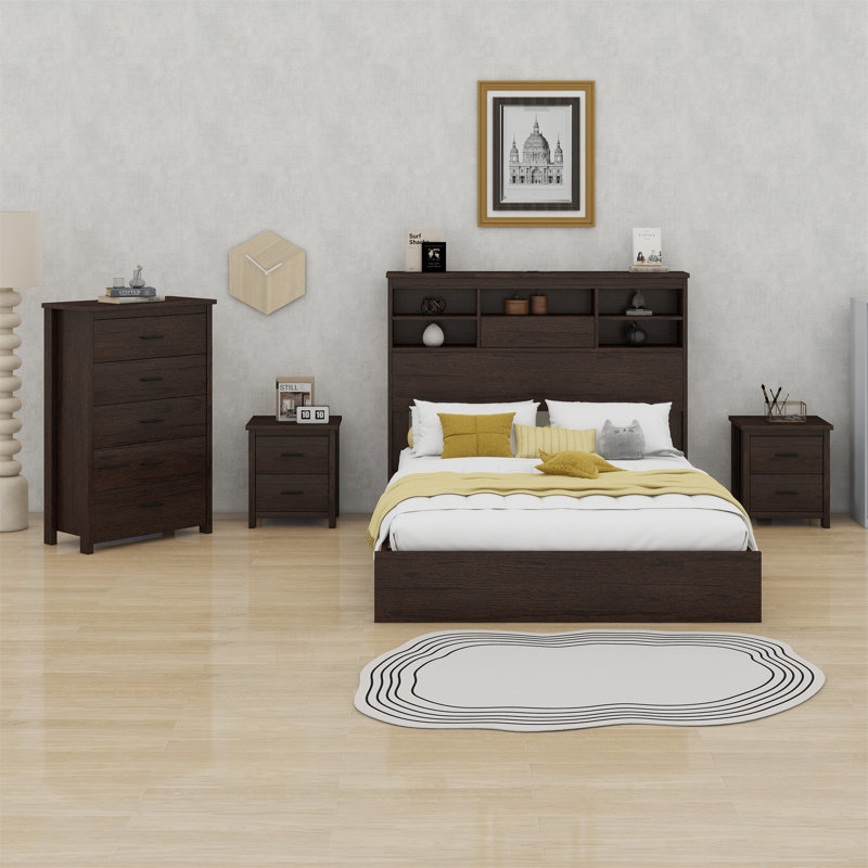 Ensemble de chambre à coucher 4 pièces avec 4 tables de chevet et 1 commode, Noyer foncé