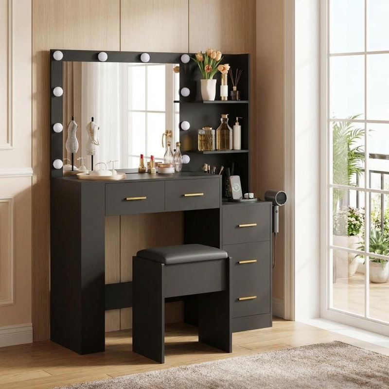 Makeup Vanity with Mirror and Stool, Lighted Vanity Table with Lighting Modes, Drawers, Power Outlet and Hairdryer Holder for Bedroom