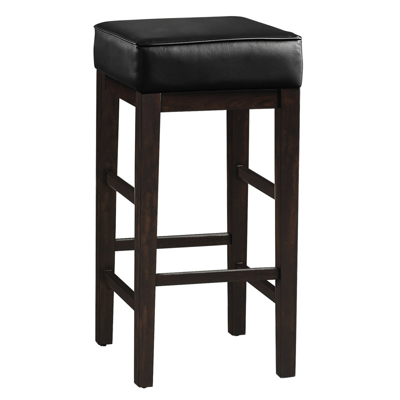 Tabourets de pub de 29 pouces (de 2), siège en bois avec similicuir noir, mobilier de salle à manger transitionnel, structure de couleur unie