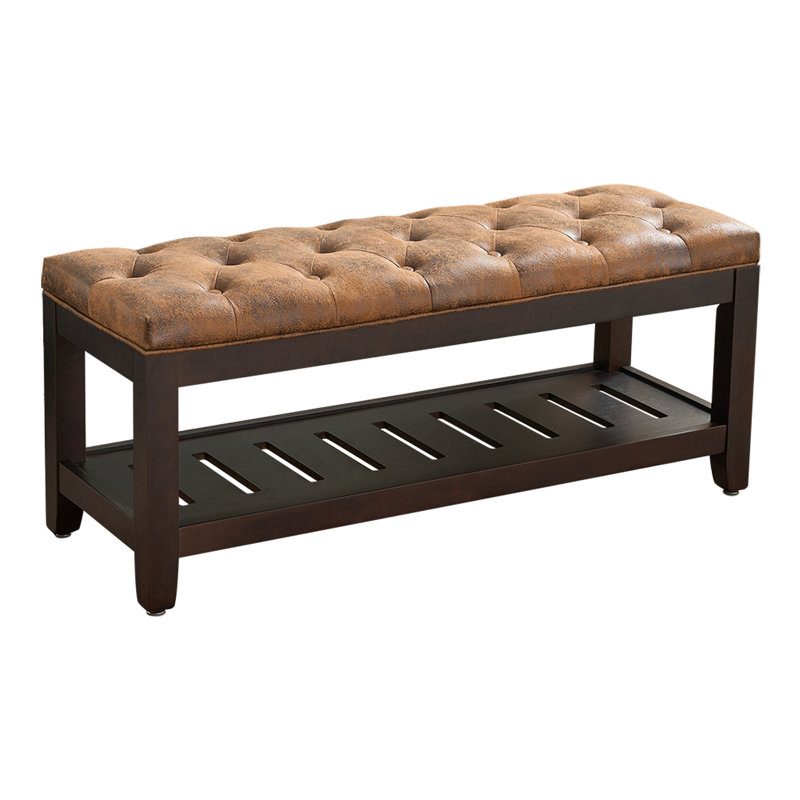 44" Wide Tufted Rectangle Cocktail Ottoman With Storage Tray, Brown Faux Leather