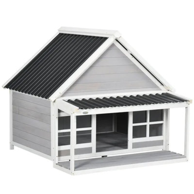 Wooden Outdoor Dog House with Porch, Tilt Roof & Windows for Medium Large Dogs