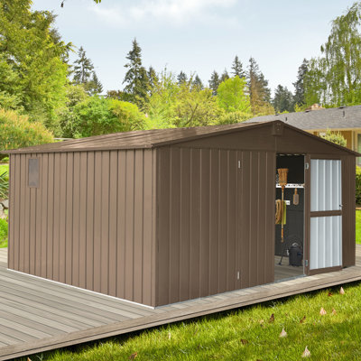 Remise de rangement pour jardin 11 pi x 12,5 pi en acier galvanisé, porte verrouillable, fenêtres, structure en acier brun pour l'extérieur