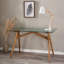 Computer desk with tempered glass top and solid acacia A-frame base, warm natural finish, 51.2 inches wide