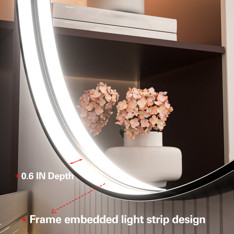 Akhiya Black Metal Frame LED Round Vanity Mirror with Lights, with Anti-Fog Dimmable Function, 32" x 32"