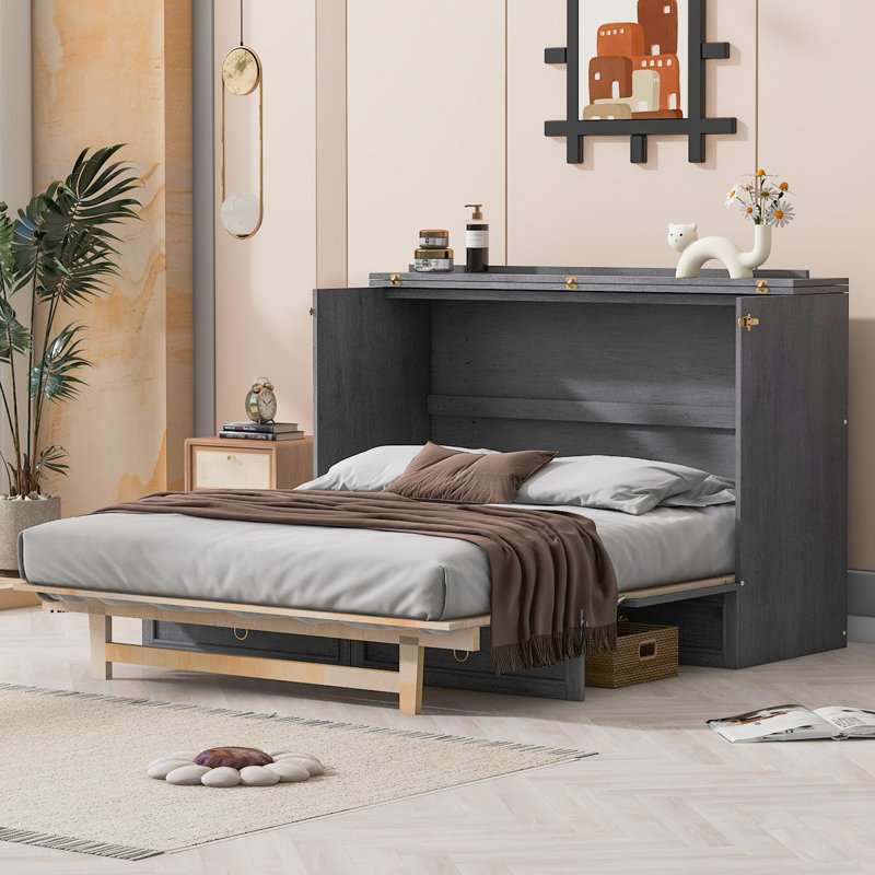 Grand lit escamotable avec grands tiroirs de rangement - Lit escamotable mural gris peu encombrant, Gris, Queen