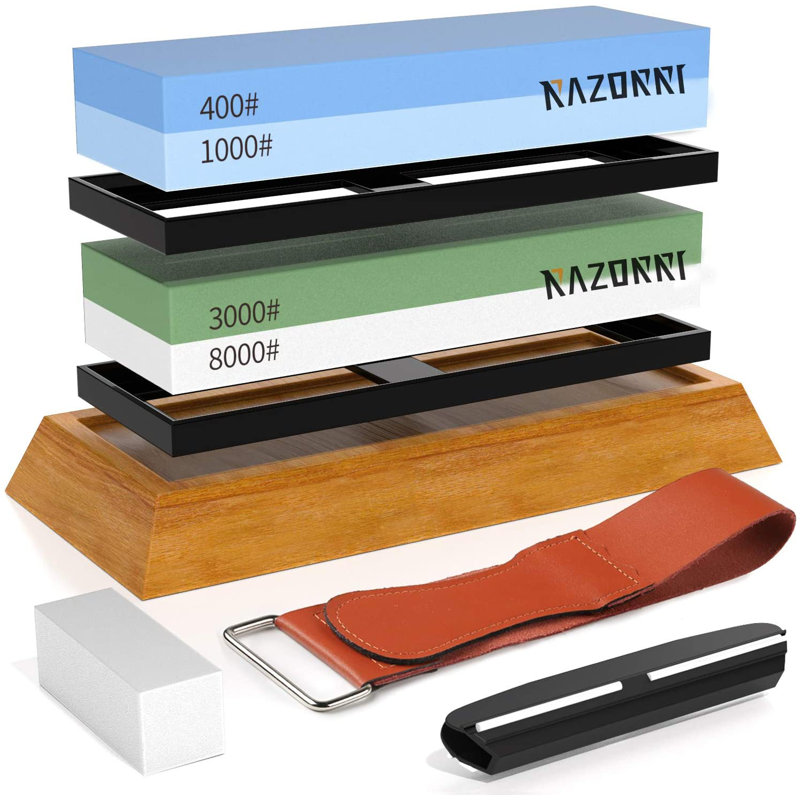 Razorri Knife Sharpening Stone Kit, Double-Sided 400/1000 and 3000/8000 Grit Whetstones, Flattening Stone