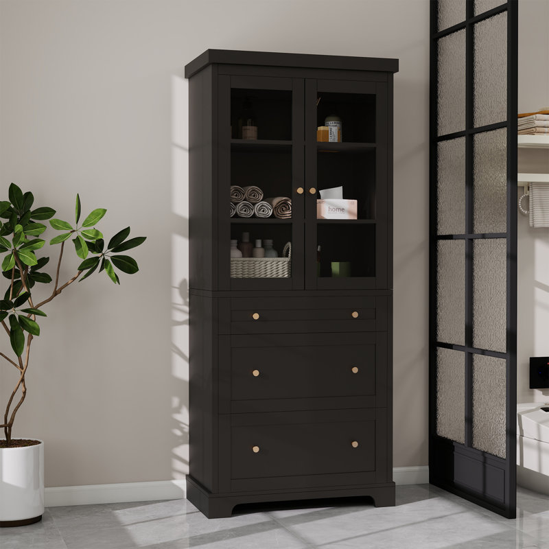 Armoire de rangement pour salle de bain haute avec porte vitrée, 2 tiroirs et tablettes réglables, Noir mat