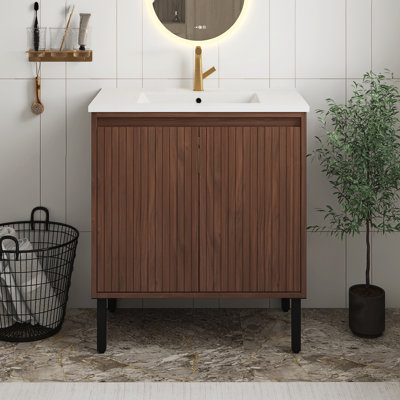 Meuble-lavabo moderne en noyer de 30 po avec lavabo en céramique blanc, portes à fermeture douce, structure autoportante pour plus de stabilité