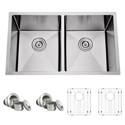 Blenzia 32 Inch Undermount 50/50 Double Bowl Handmade 16 Gauge Stainless Steel Deep Kitchen Sink with Strainer & Bottom Grid 32" x 19" x 10"