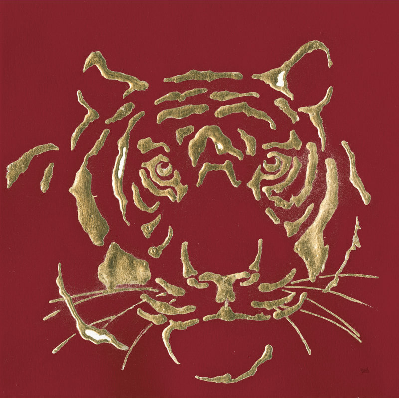 «Gilded Tiger Indigo» par Chris Paschke - peinture sur toile tendue, H 12 po x l 12 po, Papier avec cadre doré, Non