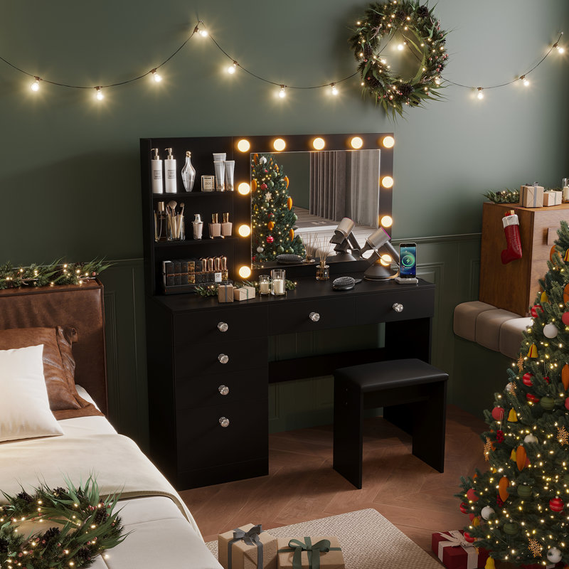 Coiffeuse Greyden avec miroir lumineux, prises de courant et 6 tiroirs, Noir