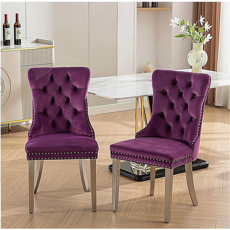 Tufted Solid Wood Contemporary Velvet Upholstered Dining Chair with Chrome Stainless Steel Plating Legs,Nailhead Trim,Set of 2