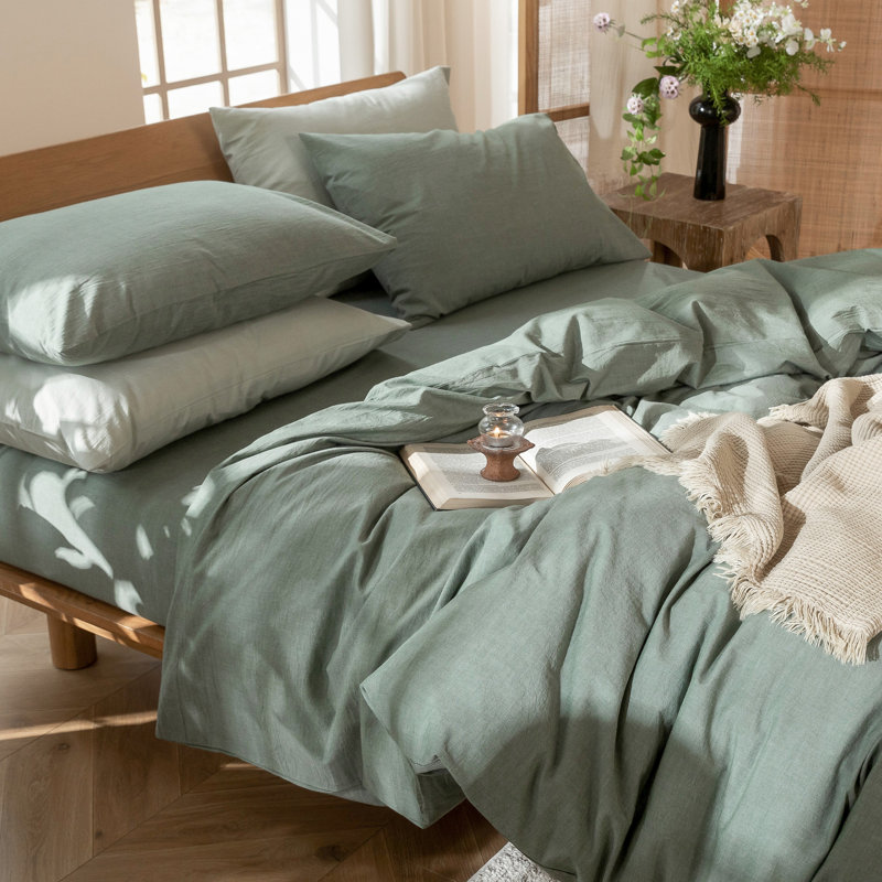 MooMee Lightweight Duvet Cover Set with Zipper Closure 8 Ties 100% Washed Cotton Linen Like Textured Soft Breathable All-Season