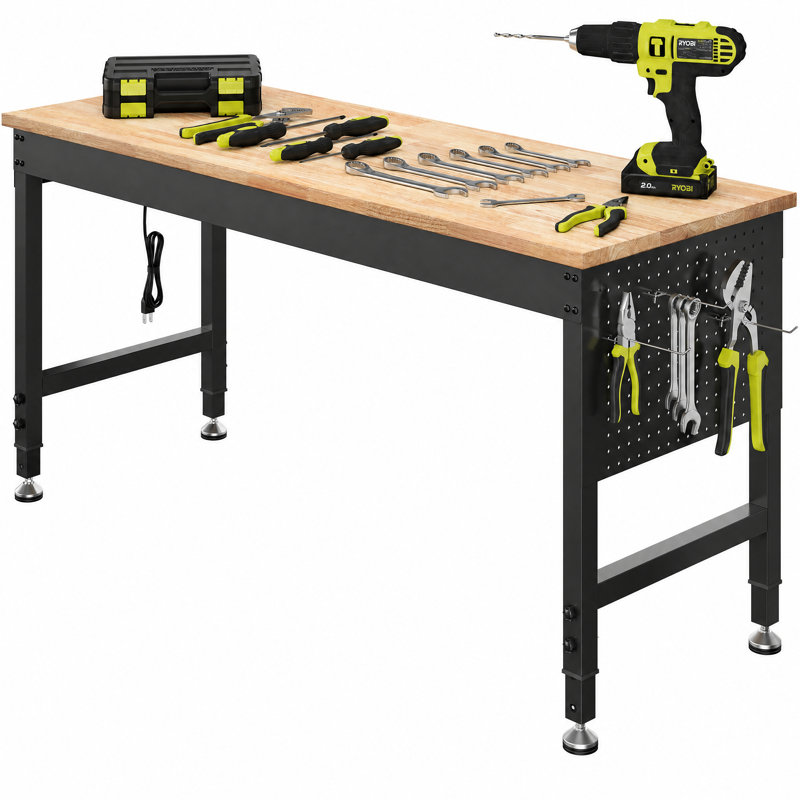 Établi robuste de 60 po ajustable, table de travail en bois d'hévéa de capacité de charge de 2000 lb avec panneau perforé, prises de courant, banc de travail pour garage, atelier, bureau, maison, commercial