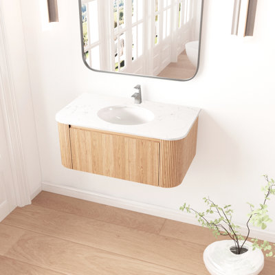 Meuble-lavabo mural moderne de 36 pouces avec façade incurvée, marbre, lavabo en céramique, tiroir spacieux, fonction de fermeture en douceur, finition en bois naturel, comptoir en marbre artificiel, design, lattes