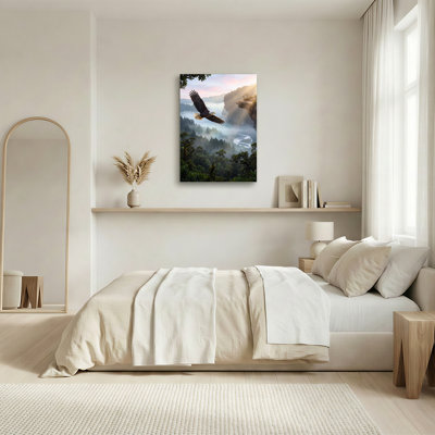Soaring Bald Eagle Over Misty Forest River Valley Canvas Wall Art