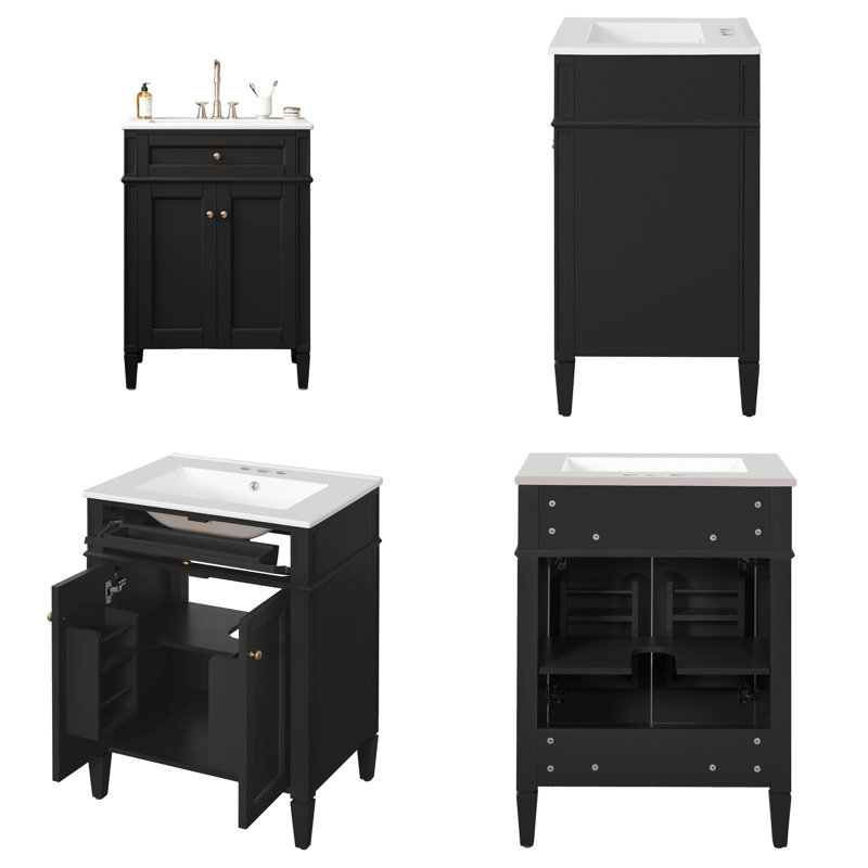 Meuble-lavabo moderne de 24 po avec lavabo en céramique - 2 portes à fermeture en douceur avec organisateurs et tiroir basculant, tablette réglable, armoire de rangement compacte pour petites salles de bain