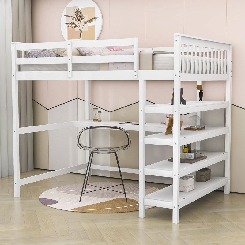 Lit mezzanine en bois avec bureau intégré et tablettes Halleran, Complète, Blanc
