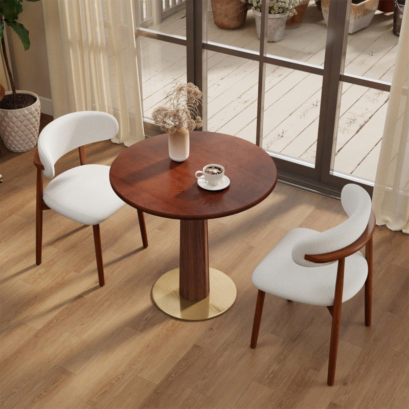 Φ Table de salle à manger ronde rétro en noyer de 80 cm avec base en laiton et bois massif. Table avec pieds en bois et base dorée, table pour 2 personnes pour petit espace