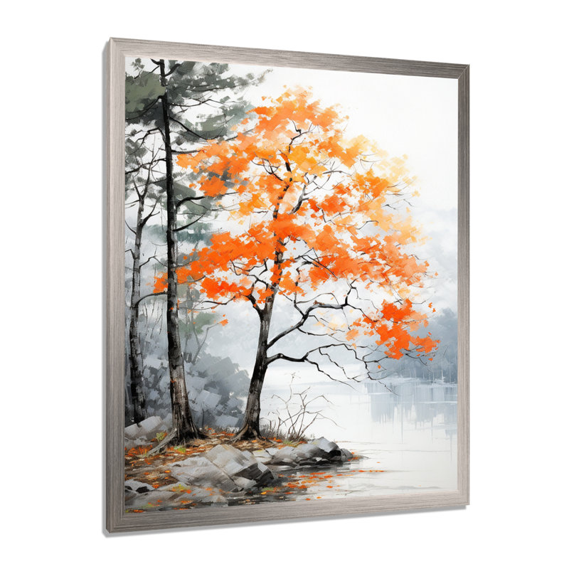 Orange et gris, forêt, automne, élégance I - art mural forêt, H 40 po x l 30 po x P 1,5 po, Cadre simple argenté