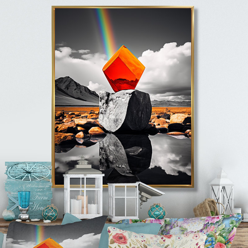 Paysage monochromatique et prisme orange - reproduction sur toile, H 20 po x l 12 po x P 1 po, Cadre flottant doré