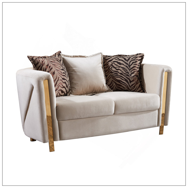 Causeuse rembourrée en velours épais avec structure en bois massif beige, parfaite pour des sièges confortables et élégants