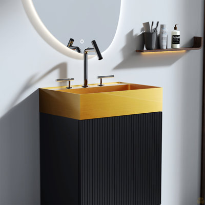 Integrated Brushed Gold 304 Stainless Steel Bathroom Sink With 3 Faucet Holes