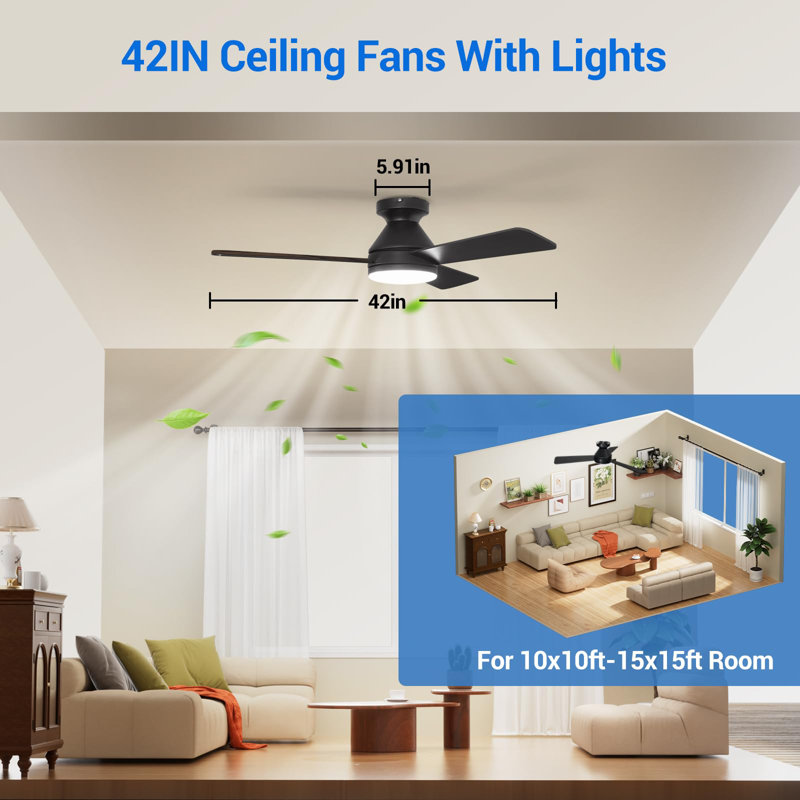 42 po Ventilateur de plafond encastré noir intérieur / extérieur à intensité variable avec lumière et télécommande, 6 vitesses DC réversible sans bruit