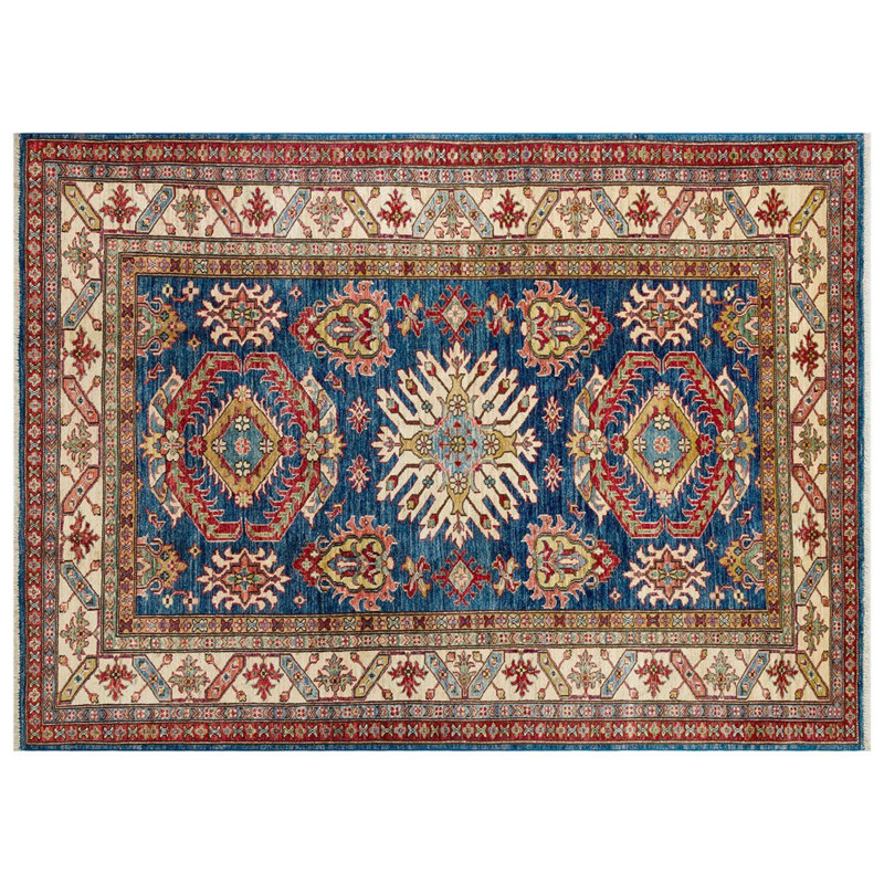 Tapis oriental floral en laine noué à la main de style afghan marine, brun, rouge et rouge