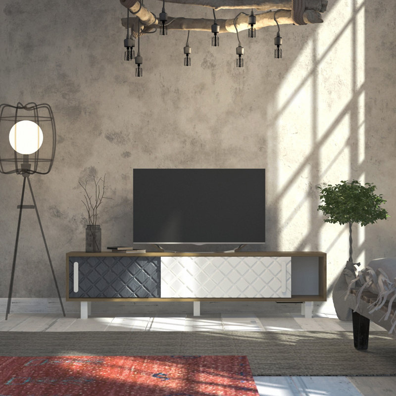 Meuble télé moderne avec option de fixation murale, panneau de particules 100% mélaminé, chêne, blanc et anthracite | Dimensions: 70,9 po x 19,0 po x 13,8 po | Portes à revêtement à membrane, rangement supplémentaire et nombreuses tablettes, conception géométrique élégante