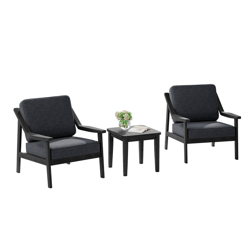 Brano Teak Outdoor Two-person Patio Set With Cushions And Side Table, Dark Gray, Black