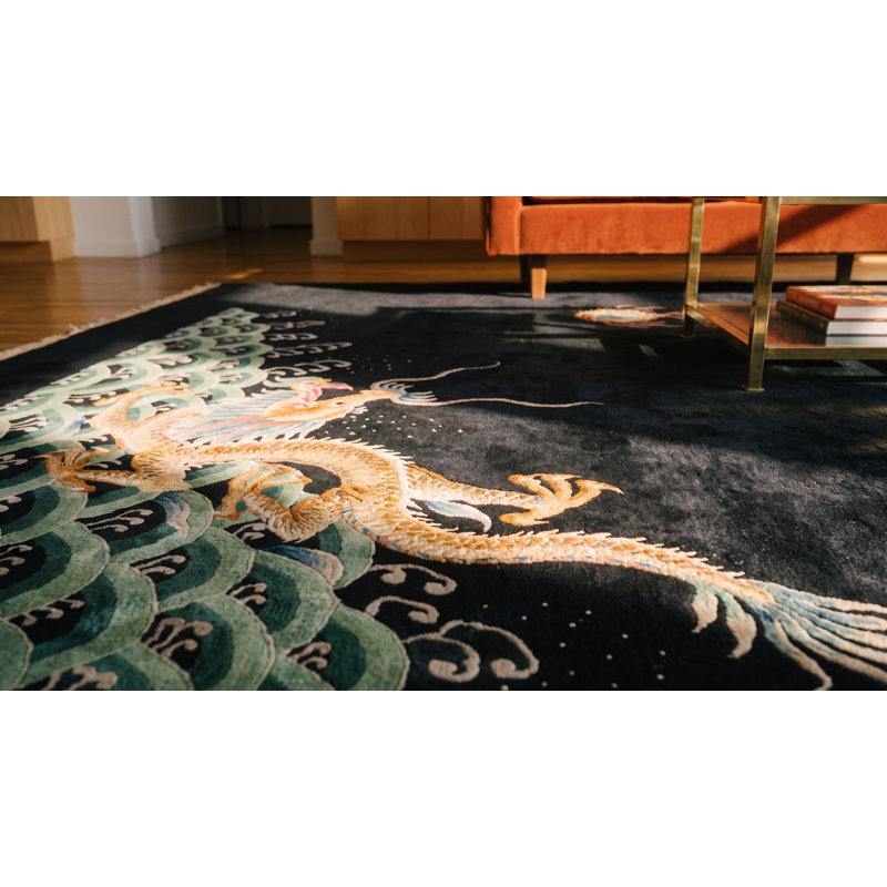 Antique Art Deco Room Size Wool Black Dragon Chinese Rug