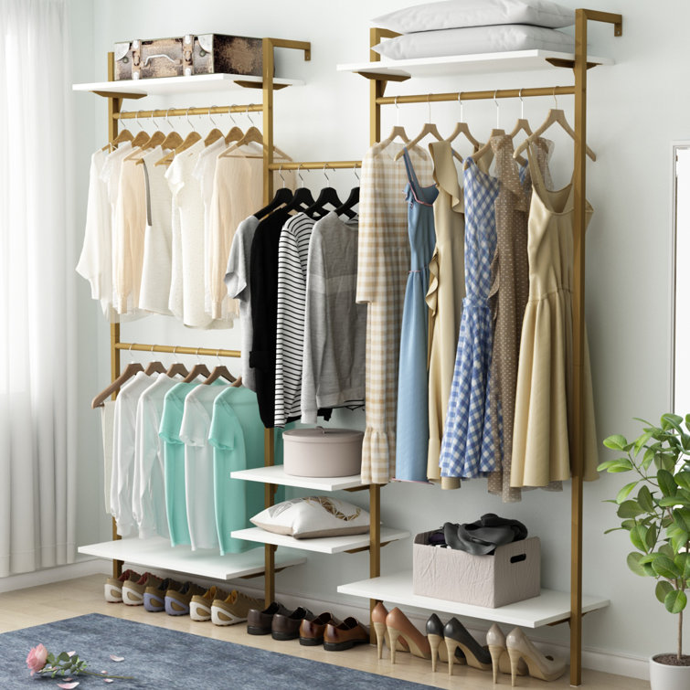 Oloran Gold Wall Mount Clothes Rack with 4 Hanging Rods, Clothing Rack with 6-Tier Adjustable Shelves Rebrilliant